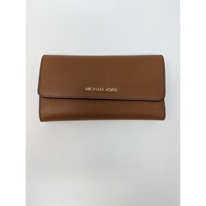 Michael Kors Jet Set Travel Trifold Wallet Acorn Saffiano Leather Brown Gold